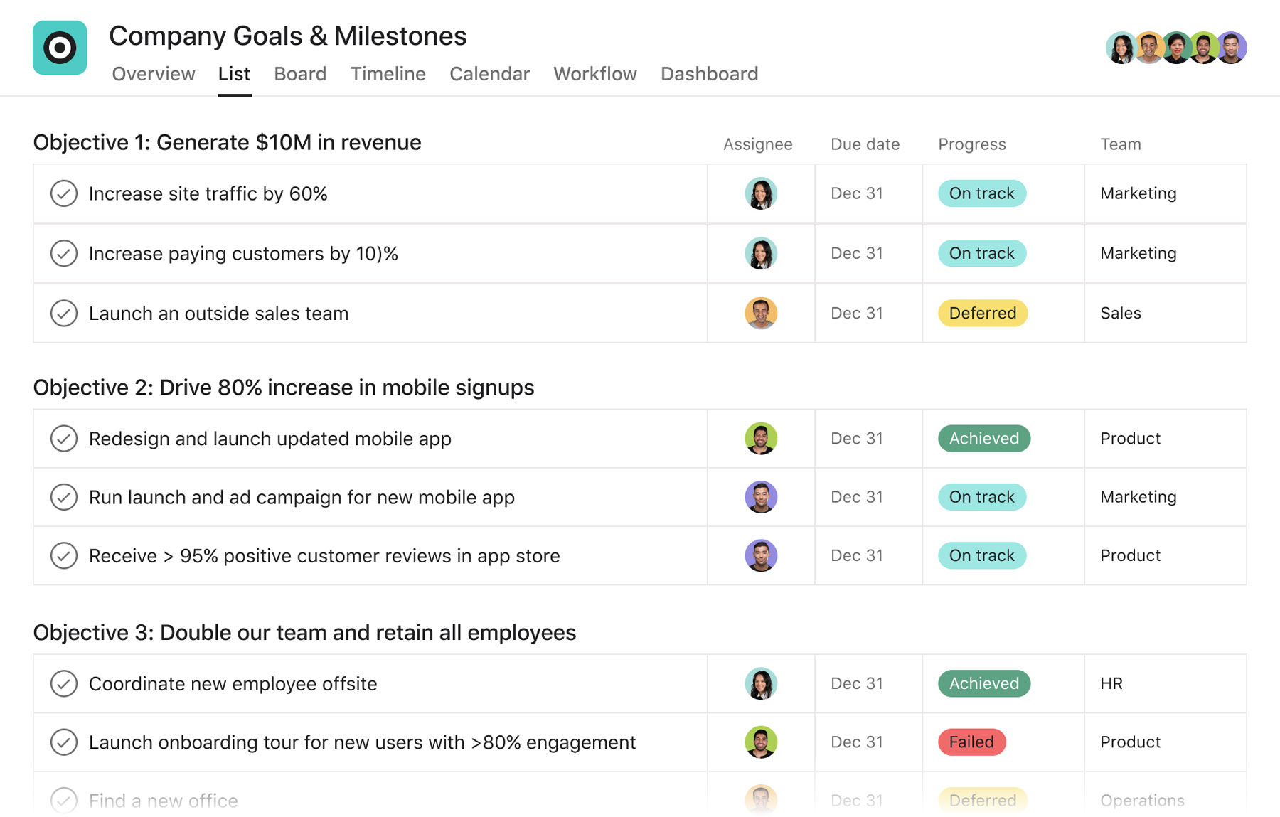[Product UI] Company goals and milestones project example (Lists)