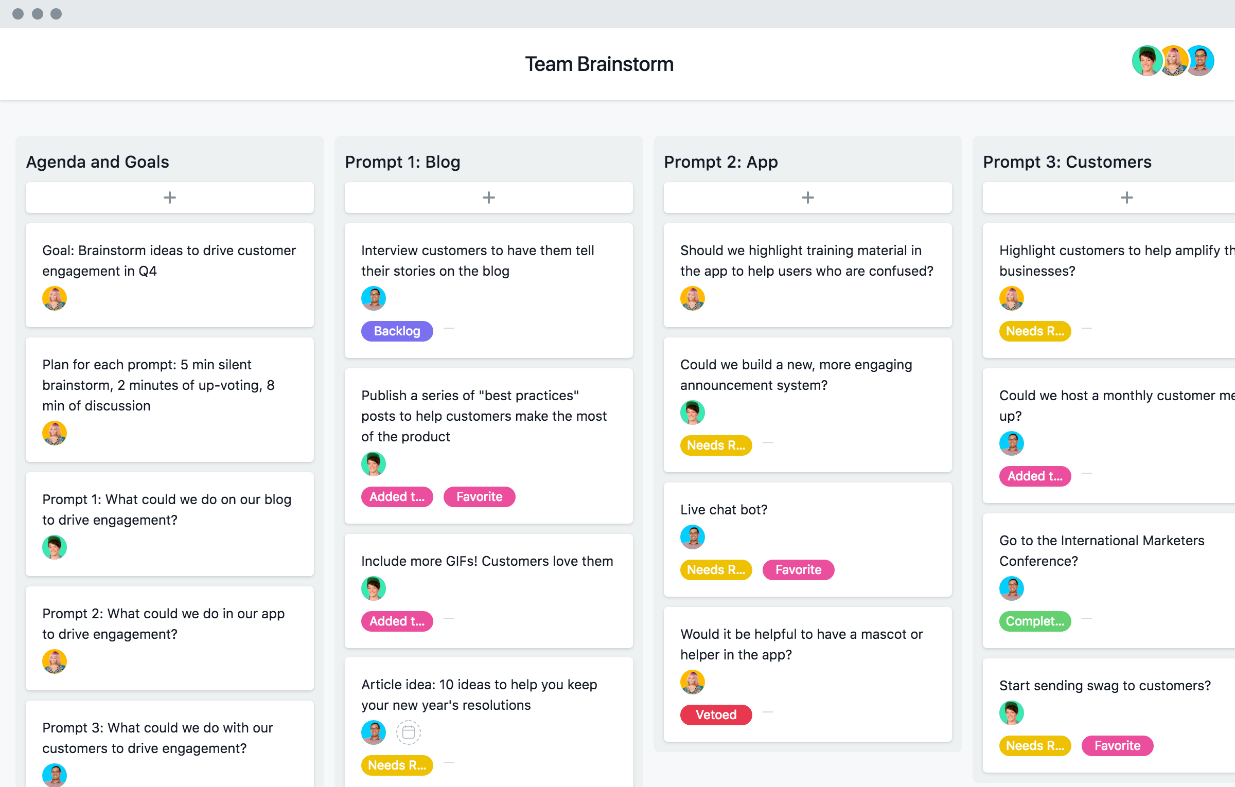 [Old product ui] Cross-functional team brainstorming template in Asana, Kanban board style project view (Boards)