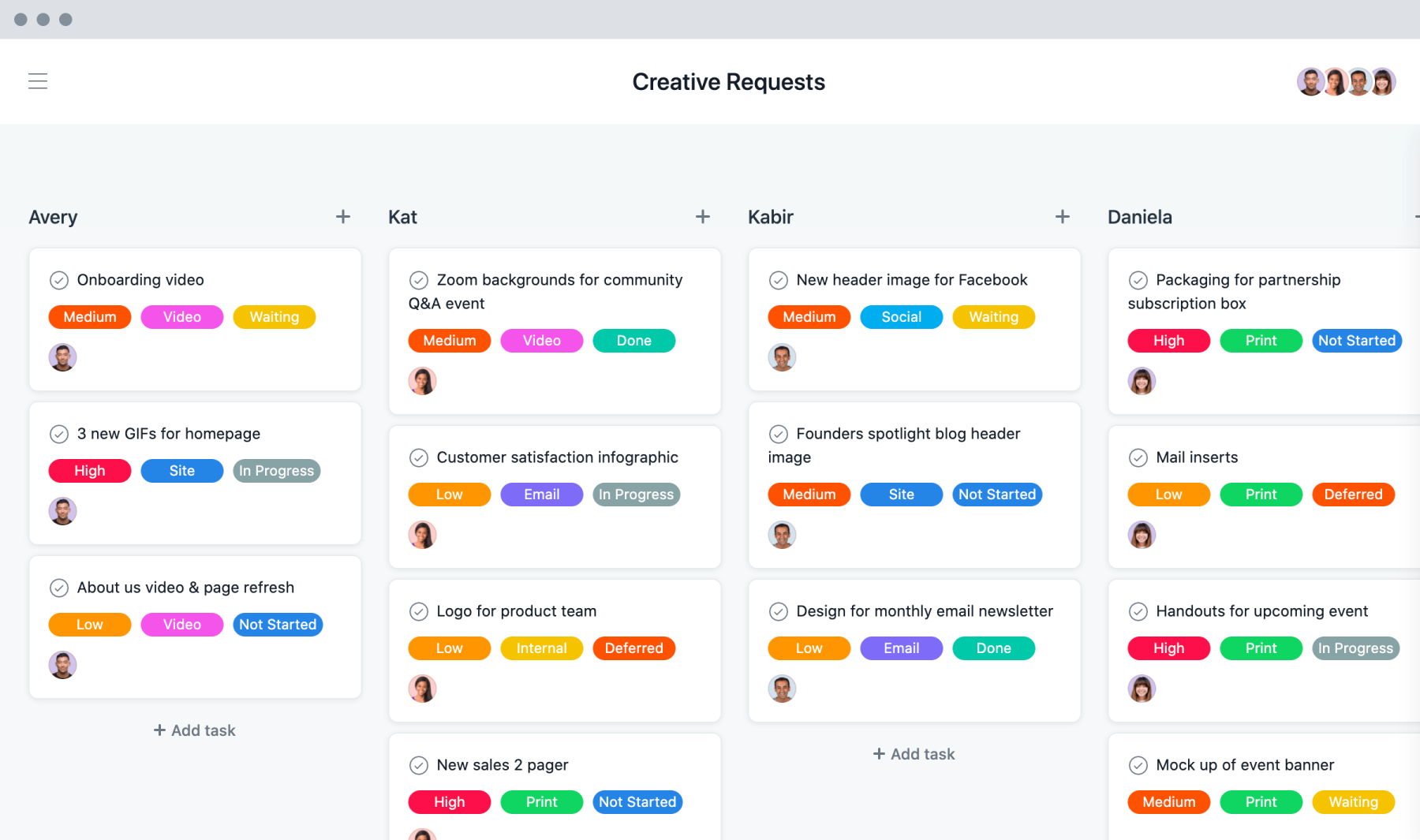 [Old Product UI] Creative Requests Kanban board example (Boards)