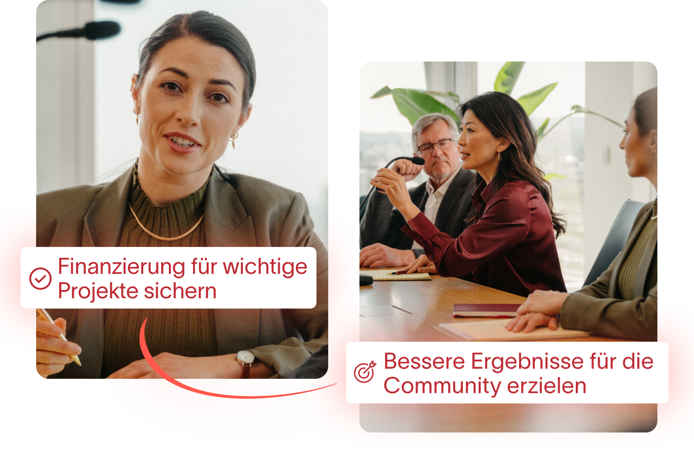Ein geteiltes Bild zeigt links eine Frau in einem Videoanruf mit dem Text „Finanzierung für wichtige Projekte sichern“. Rechts sind drei Personen in einem Meeting mit dem Text „Ergebnisse für die Community verbessern“ zu sehen.