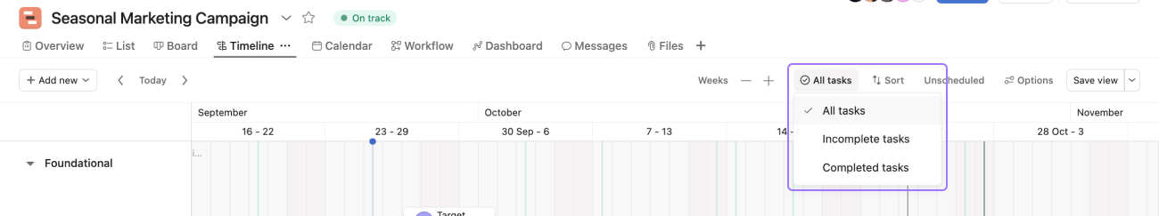 Filter tasks in timeline