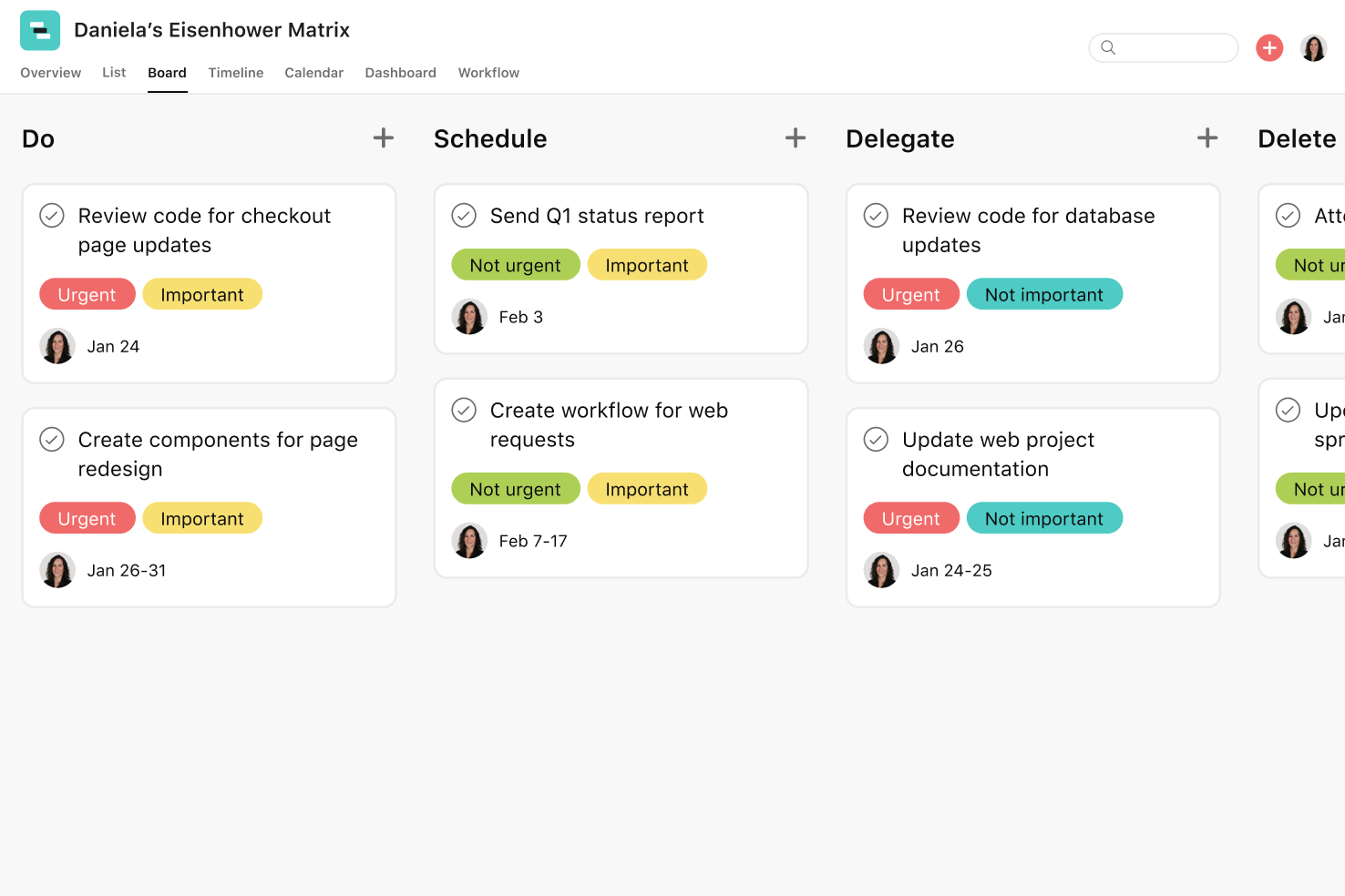 [Product ui] Actionable Eisenhower Matrix project in Asana, Kanban board style view (Boards)