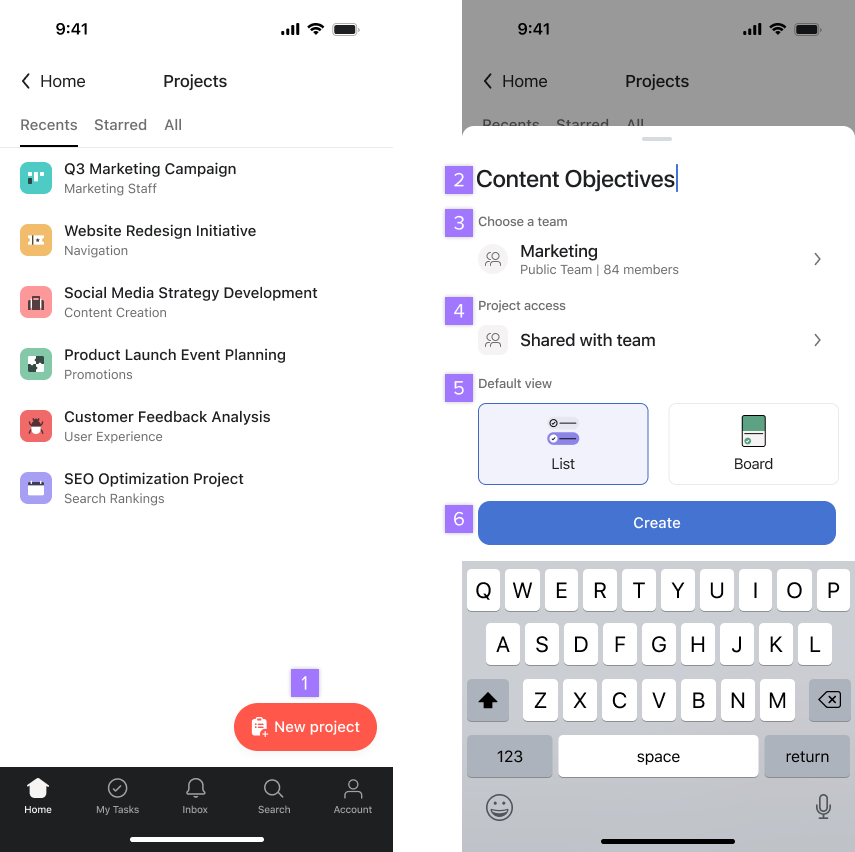 Creating tasks and projects on ios