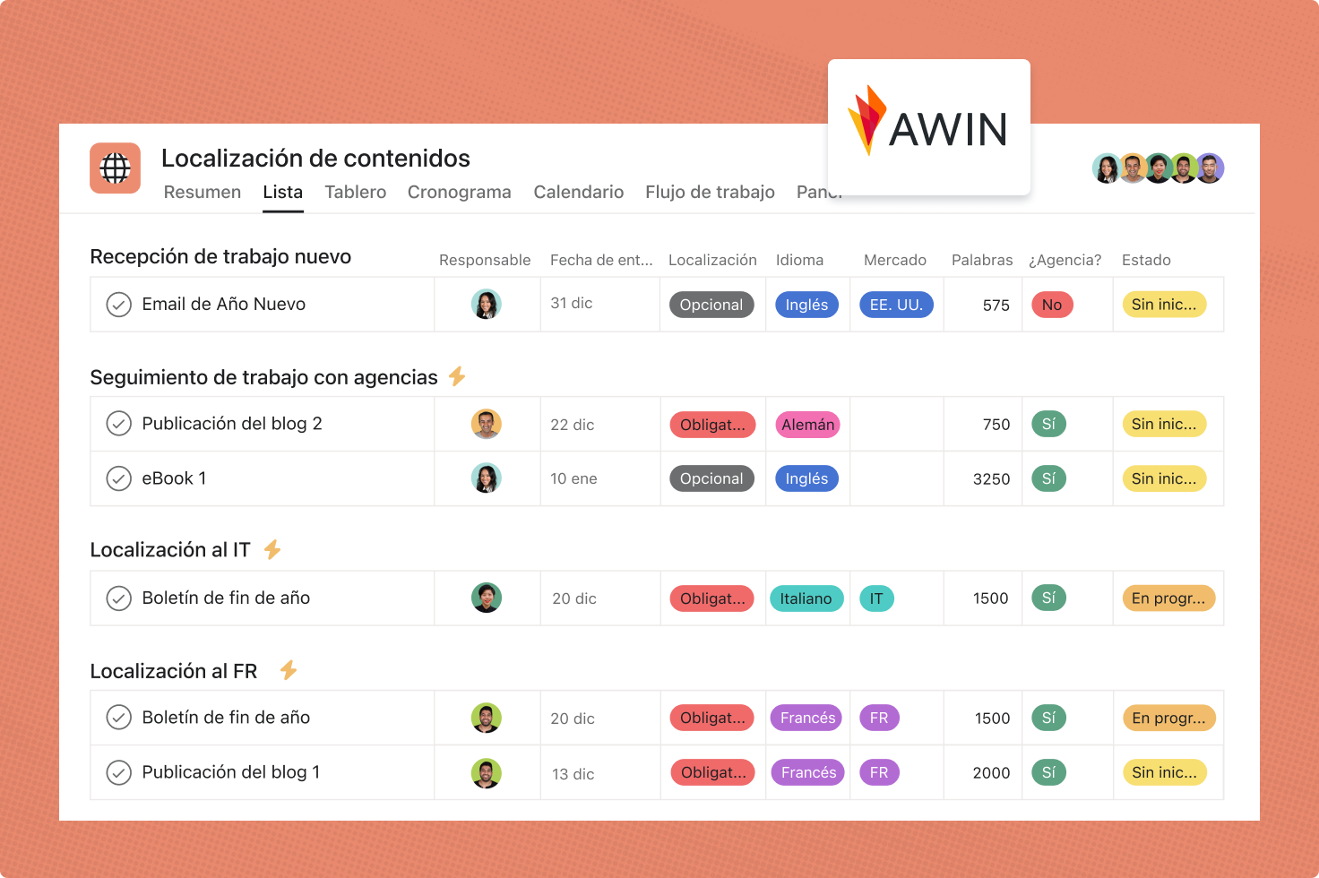 Awin usa Asana para sus flujos de localización automatizada