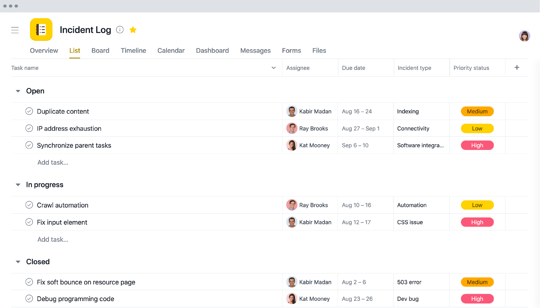 [product ui] Incident log example (lists)