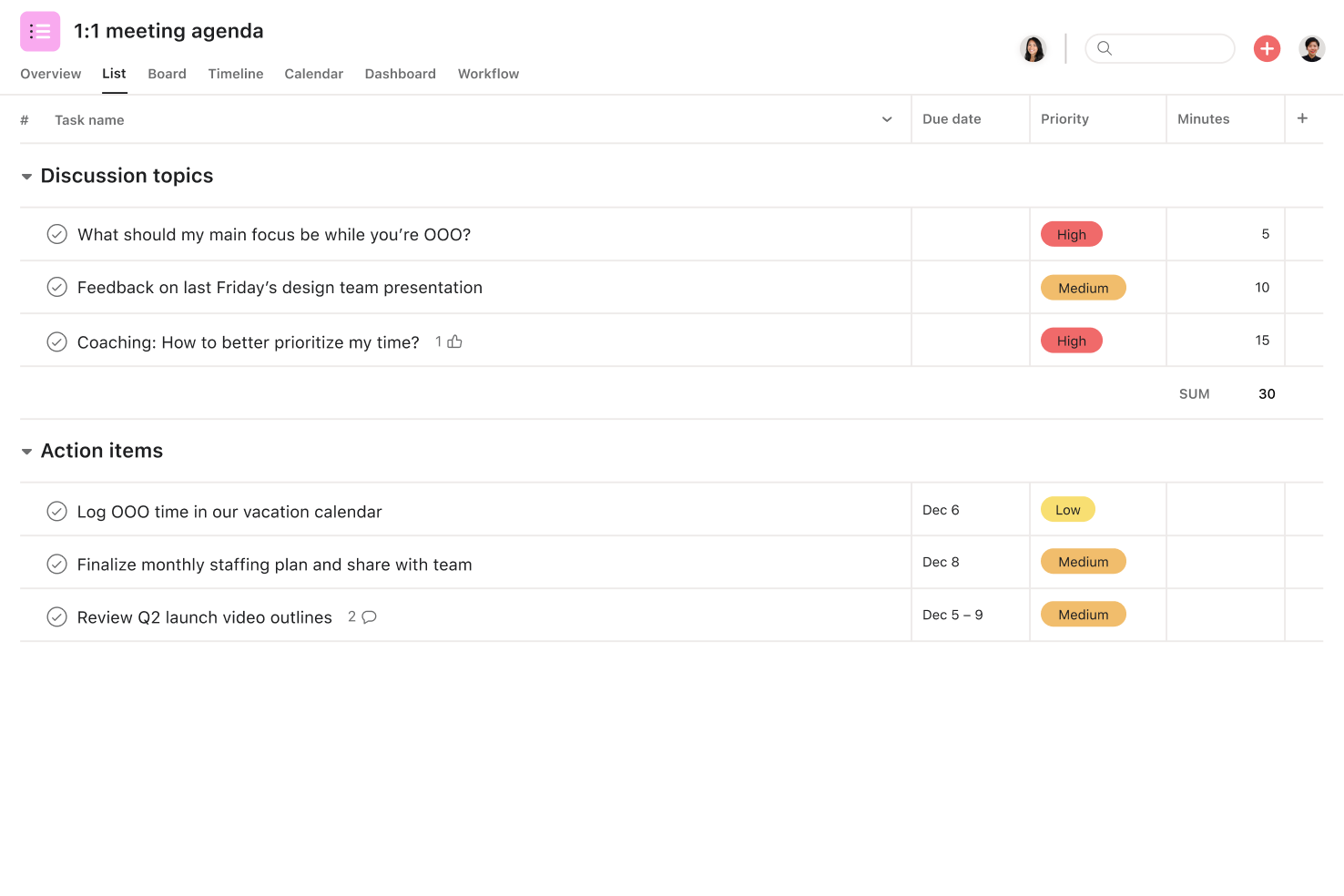 [Product ui] 1:1 meeting agenda template with discussion topics, action items, and topic priority (list view)