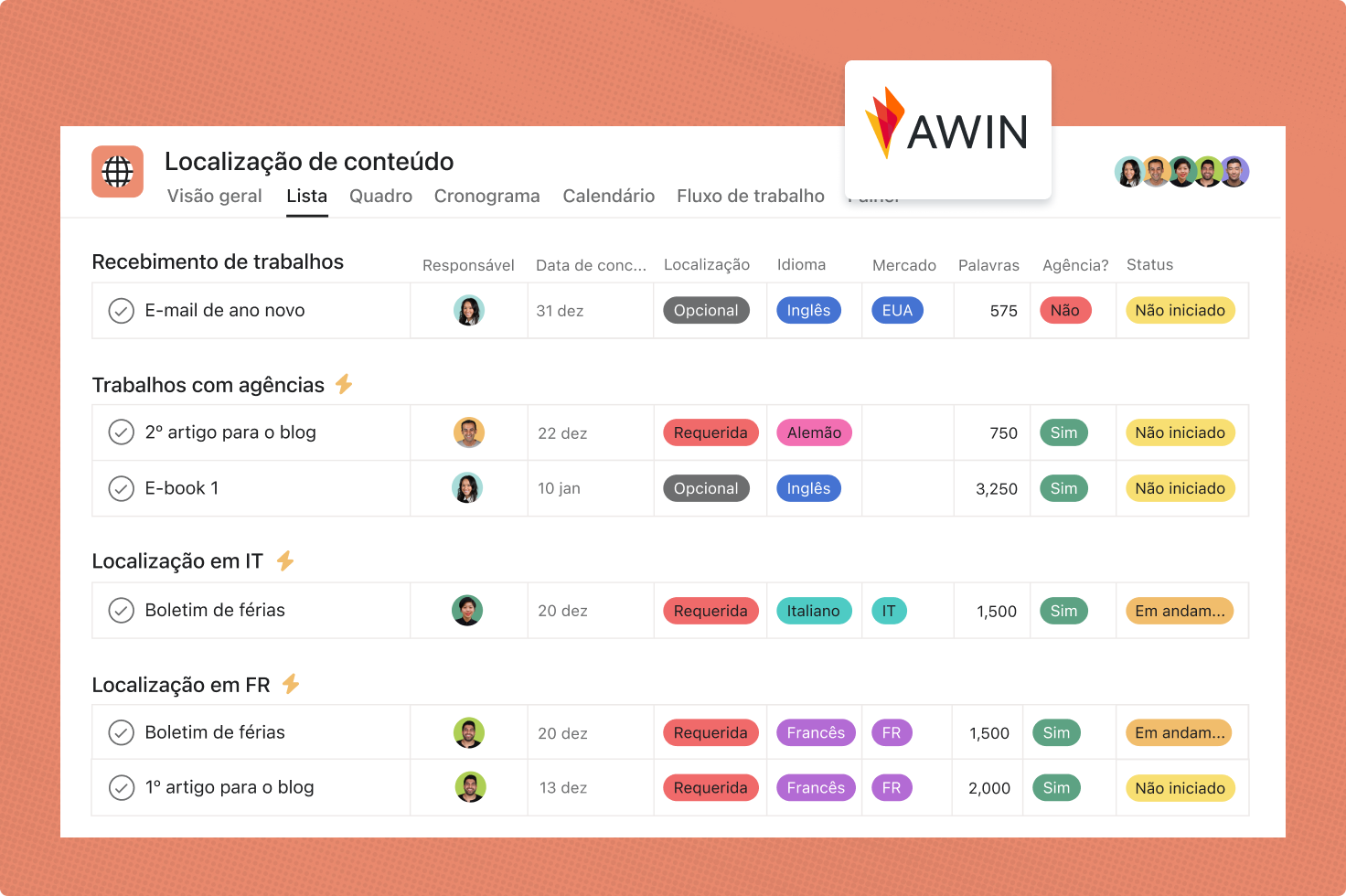 A Awin usa a Asana nos seus fluxos de trabalho automatizados para localização de conteúdo