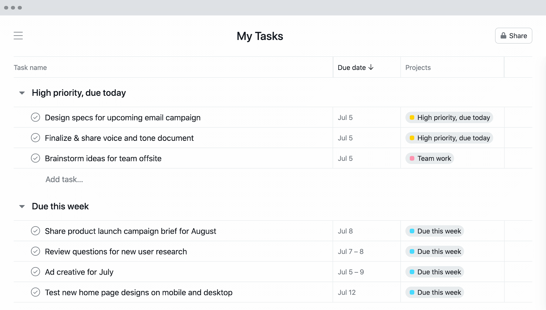 [Product UI] Organized GTD method in My Tasks project in Asana with priority, date, and project-level information (Lists)