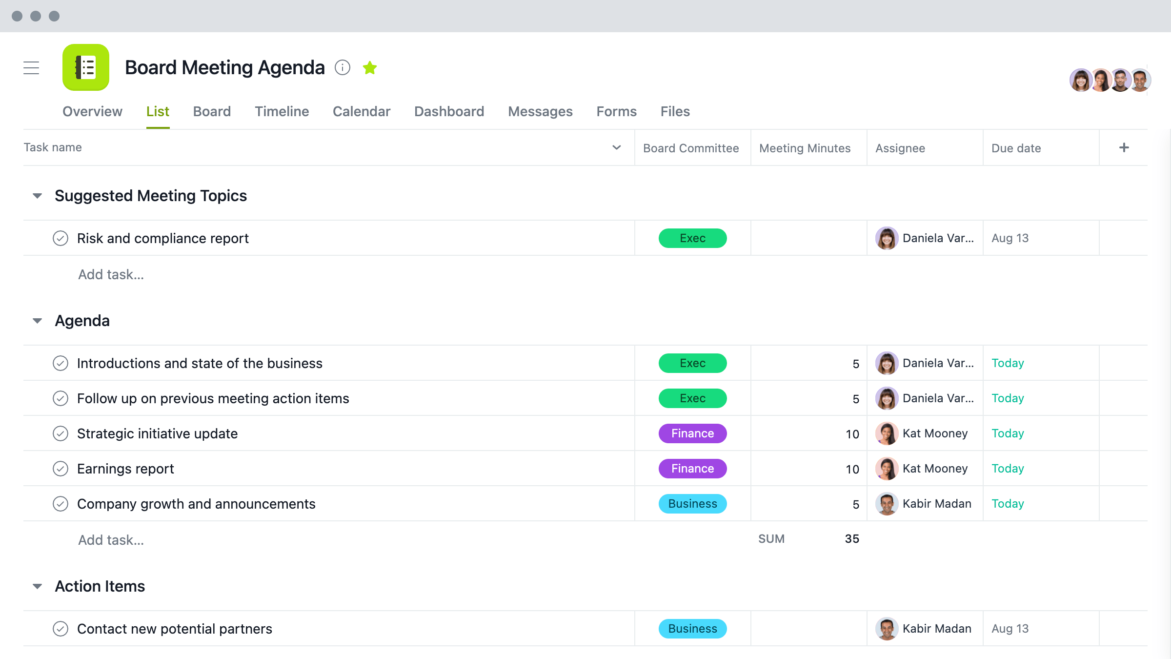 [Product UI] Project Plan Templates - Board Meeting Agenda in Asana (Lists)