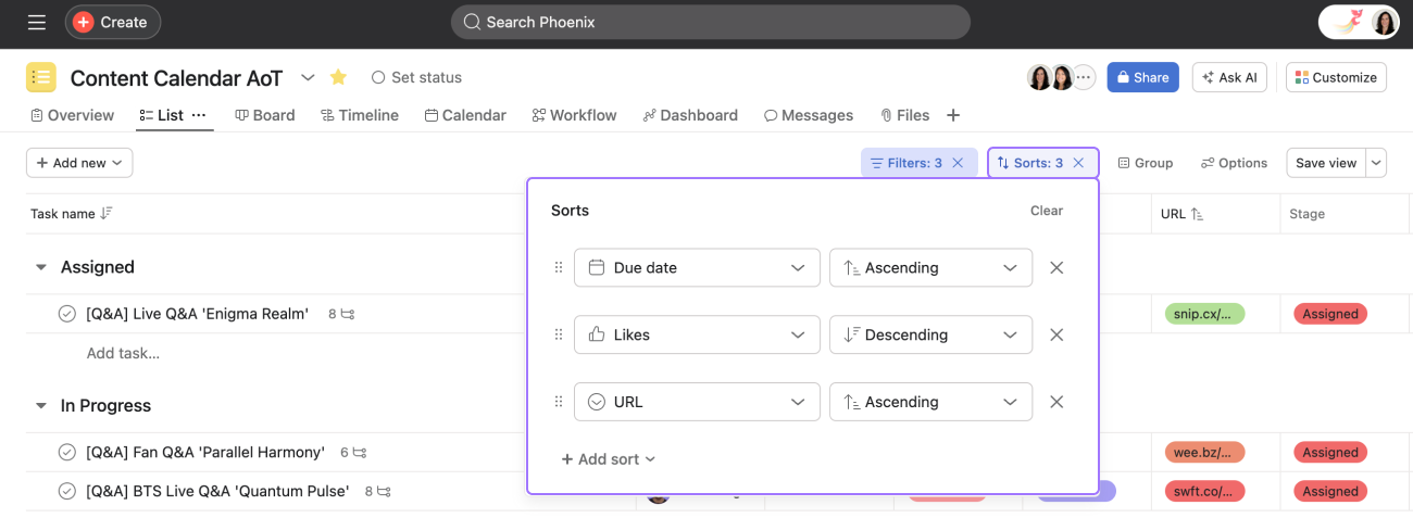 Multi-sort tasks in a project