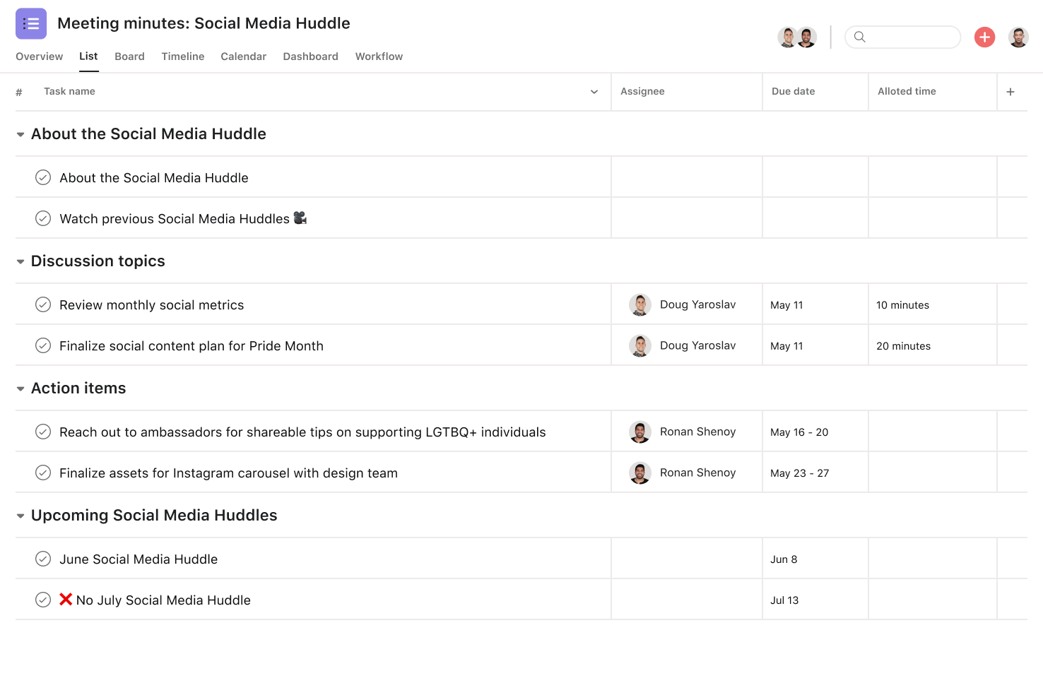 [Product ui] Meeting minutes project in Asana, spreadsheet-style project view (List)