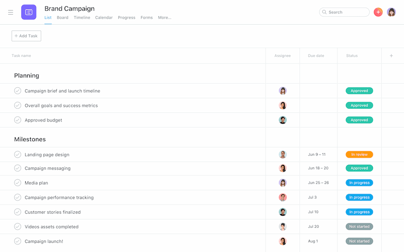 Asana List view maps out each item on a to do list in a list format