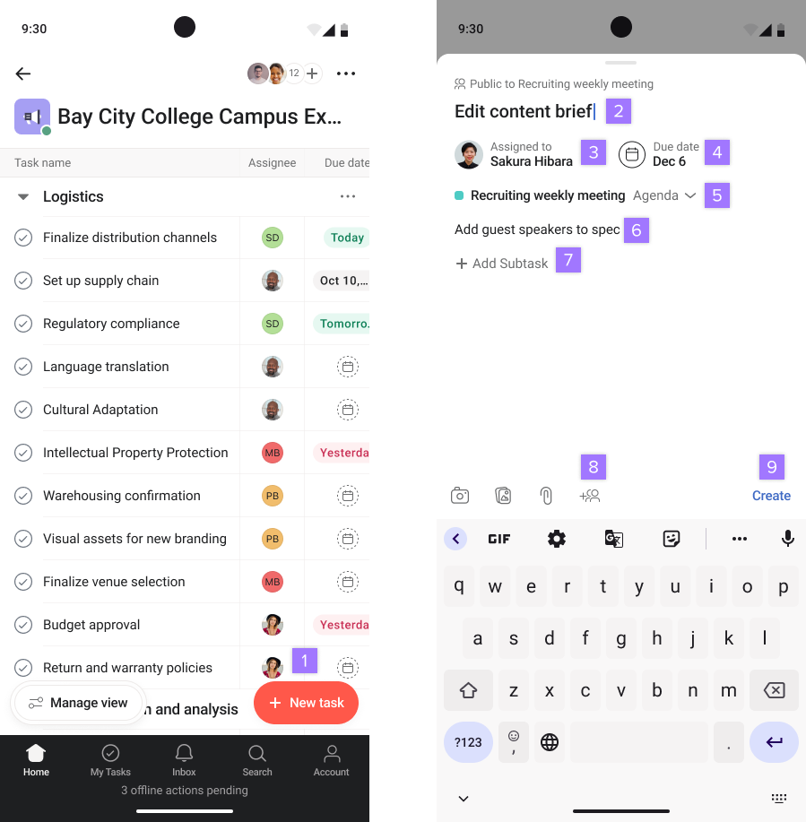 Creating tasks and projects on android