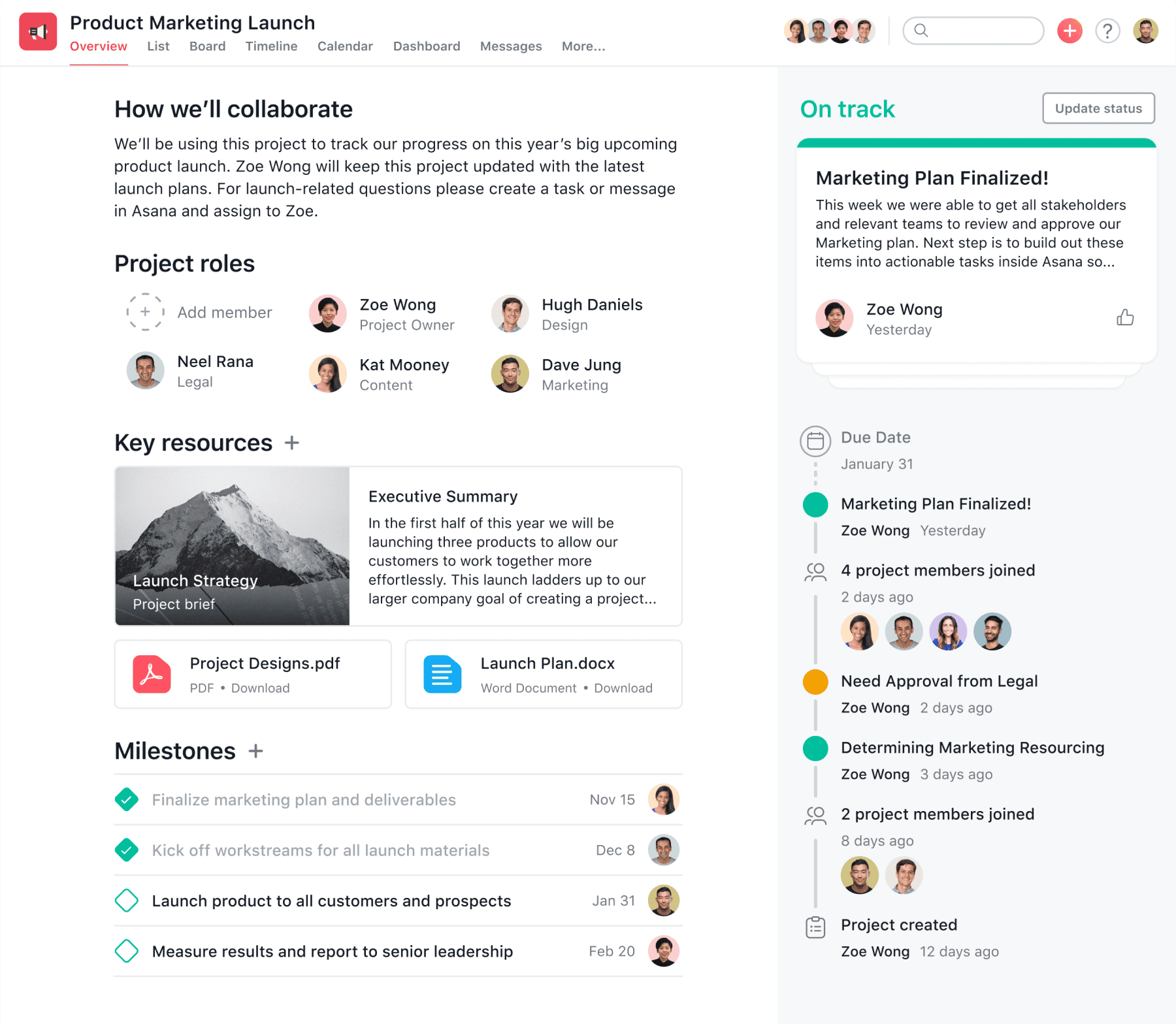 [Product UI] Example Asana Project Overview for a product marketing launch project (Project Overview)