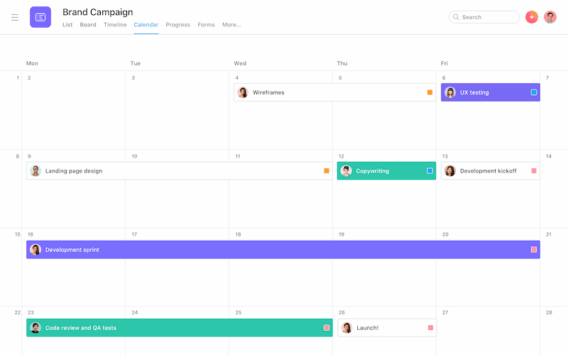 Asana’s calendar view makes it easy to spot holes and overlaps in scheduling