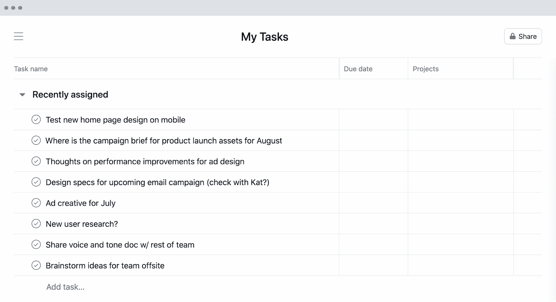 [Old Product UI] Disorganized GTD method in My Tasks project in Asana (Lists)