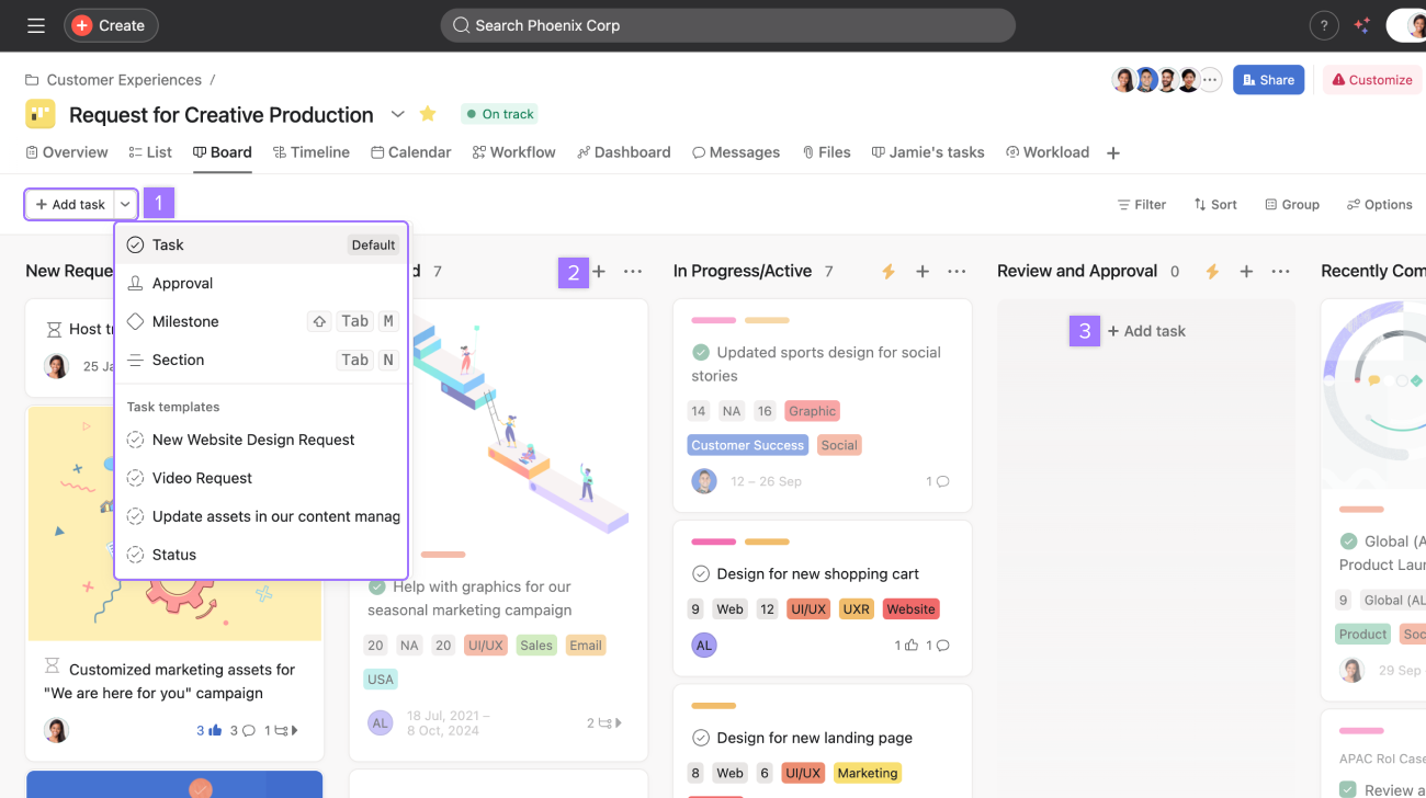 Adding a new task in board view