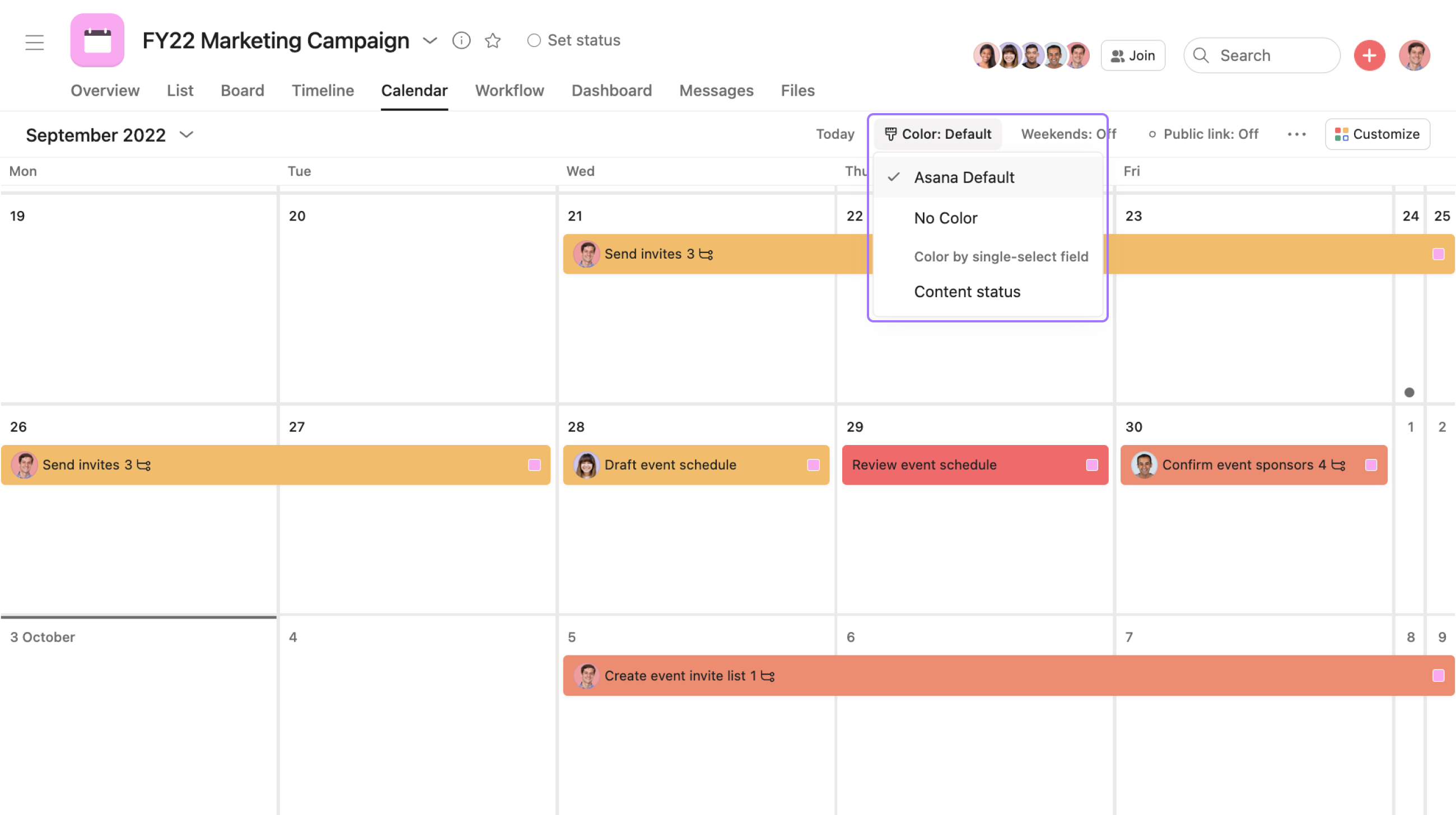 Asana calendar view options Product guide • Asana Product Guide