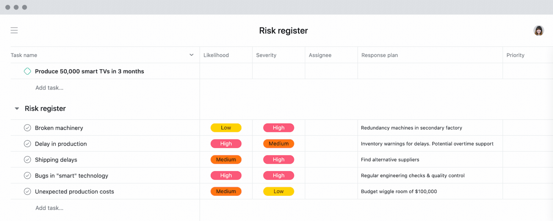 [Product UI] Project risk management risk register with severity example (Lists)