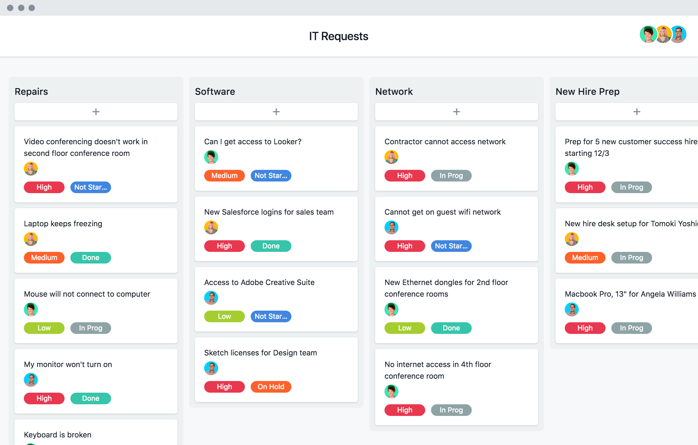 [Old product ui] IT requests project in Asana, Kanban style project view (Boards)