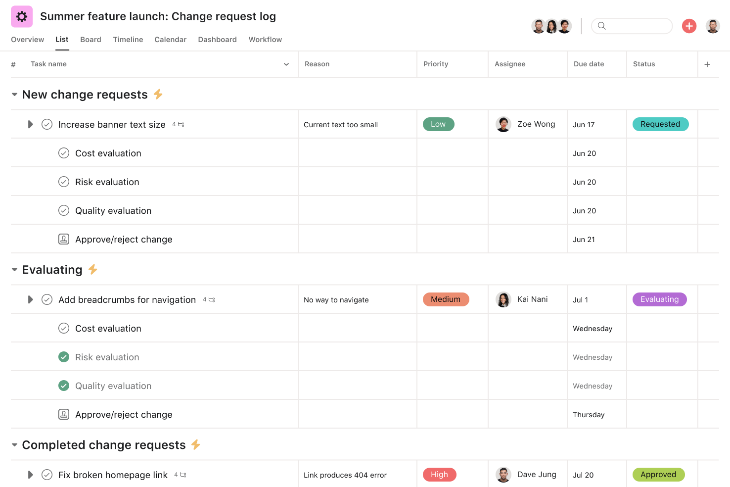 [product ui] Change request log template in Asana, spreadsheet-style project view (List)