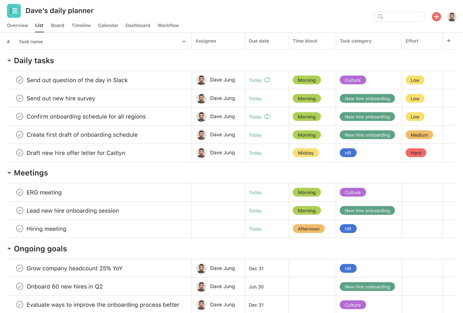 [Product ui] Dave's Daily planner project template in Asana (list view)
