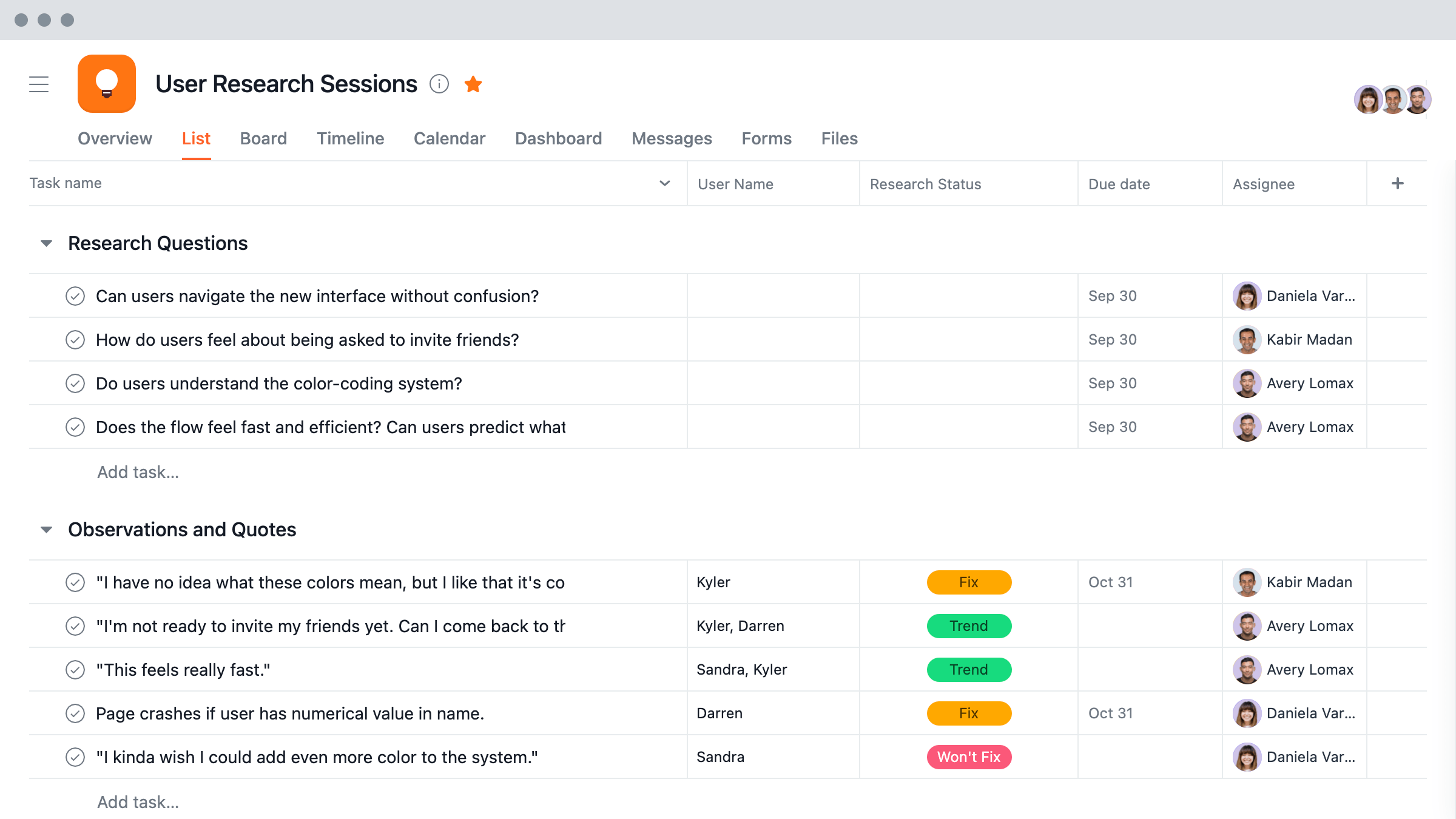 [Product UI] Project Plan Templates - User Research Template (Lists)