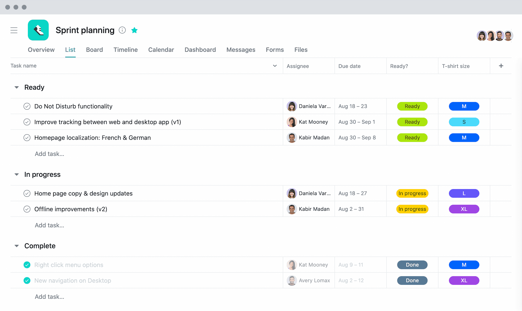 [List view] Sprint planning project with t-shirt sizes in Asana