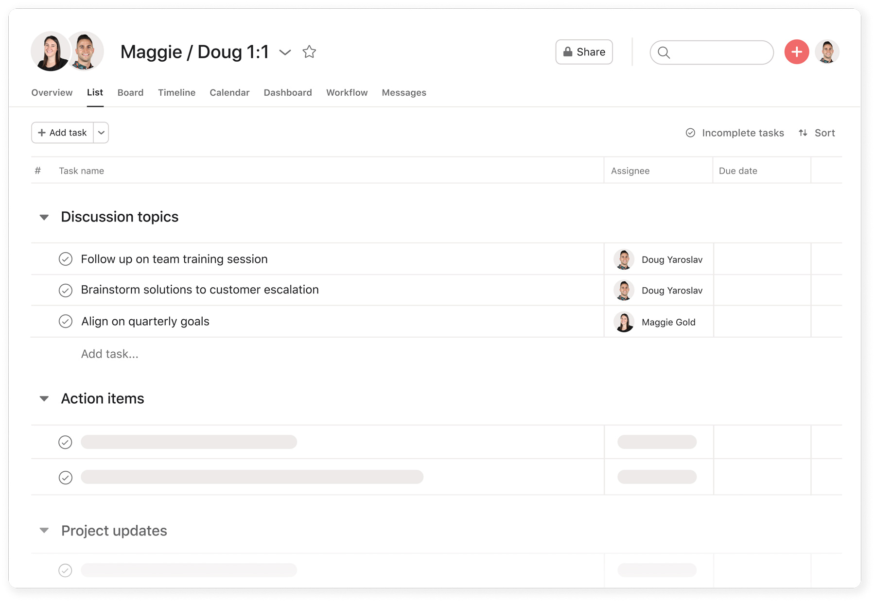 [product ui] 1:1 meeting agenda project in Asana with discussion topics and action items (list view)