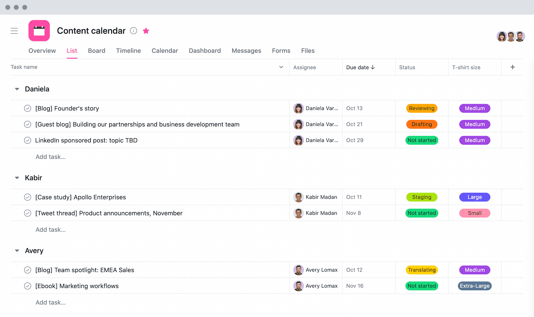 [List View] Content calendar project with t-shirt sizing in Asana