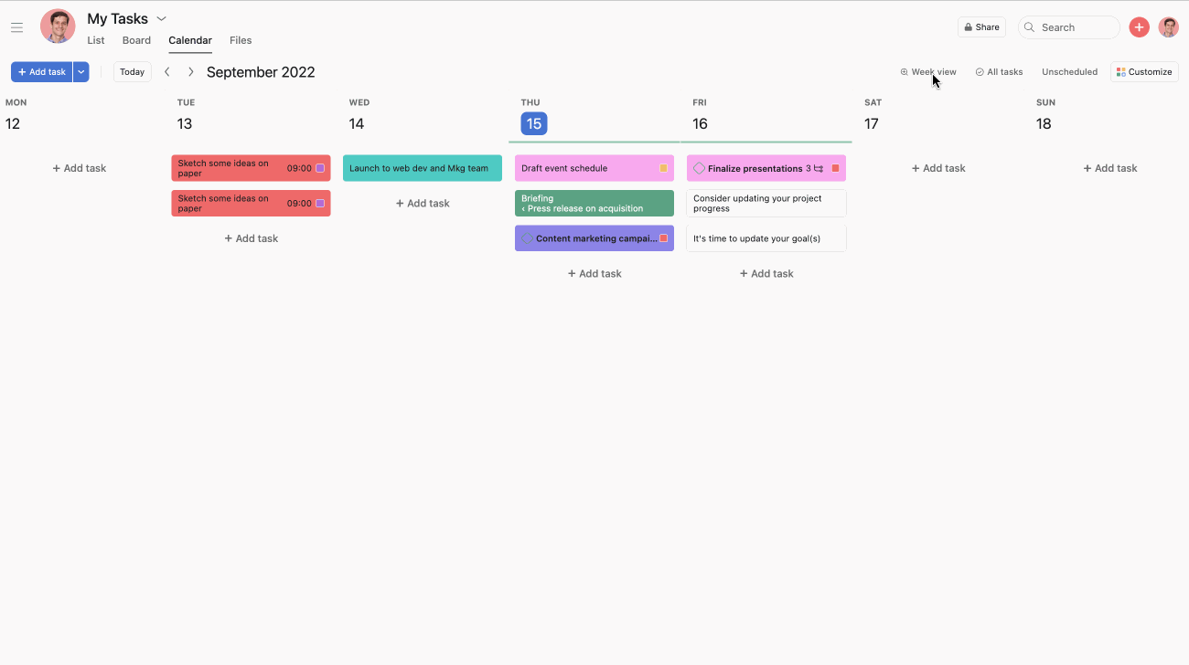 Minhas tarefas em visualização de calendário