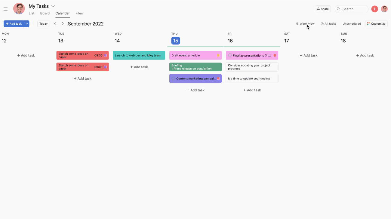 Calendar view – Asana Help Center