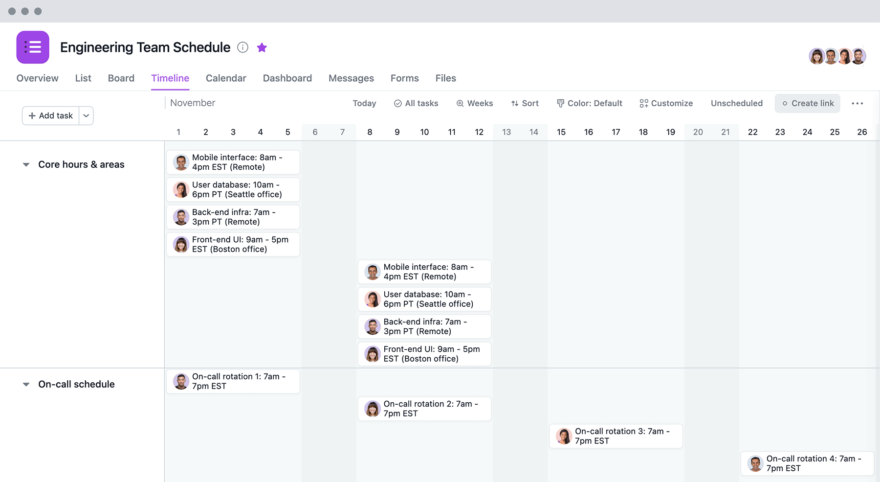 [Old Product UI] Engineering team schedule example (Timeline View)