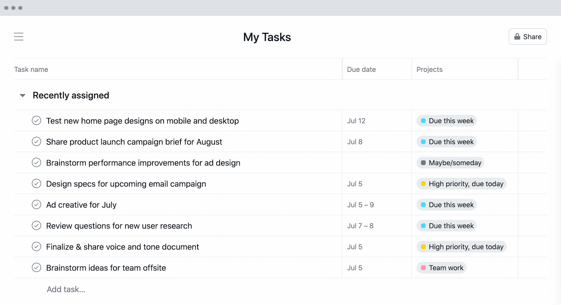 [Old Product UI] GTD method in My Tasks project in Asana with project-level information (Lists)