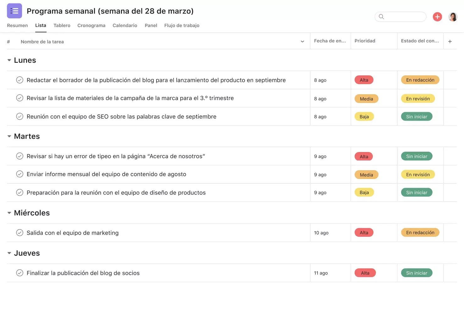 [Interfaz de usuario del producto] Programación semanal ordenada por prioridad y estado (vista de lista)