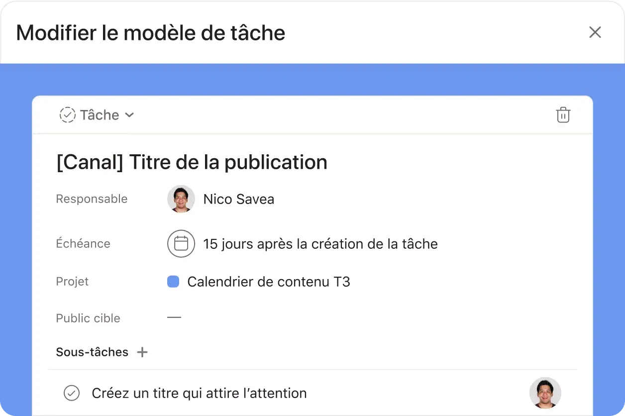 Modifier un modèle de tâche sur Asana - Interface utilisateur produit