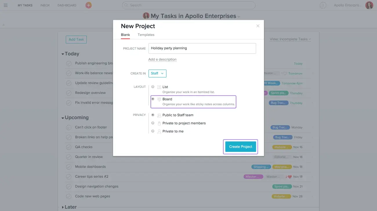 Product UI: Building a new project board in Asana