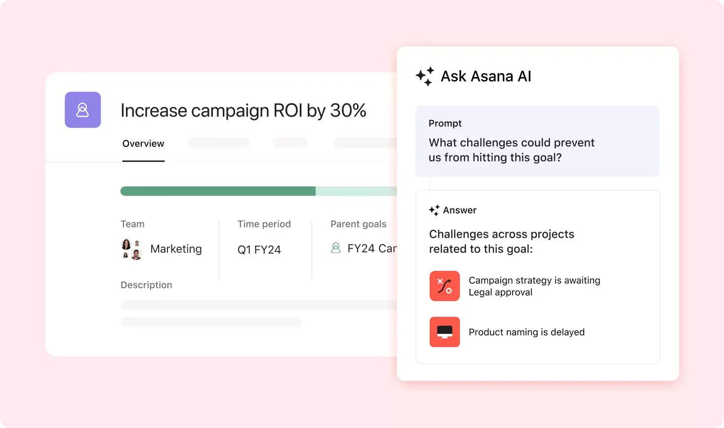 Interfejs użytkownika produktu w Asanie pokazujący, jak Asana Intelligence odpowiada na monit „Jakie wyzwania mogą uniemożliwić nam osiągnięcie celu tego projektu”