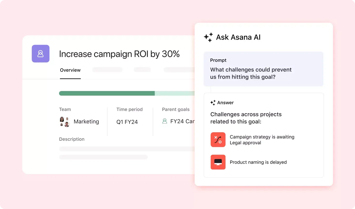 Asana product UI showing Asana AI responding to the prompt "What challenges could prevent us from hitting a project goal"