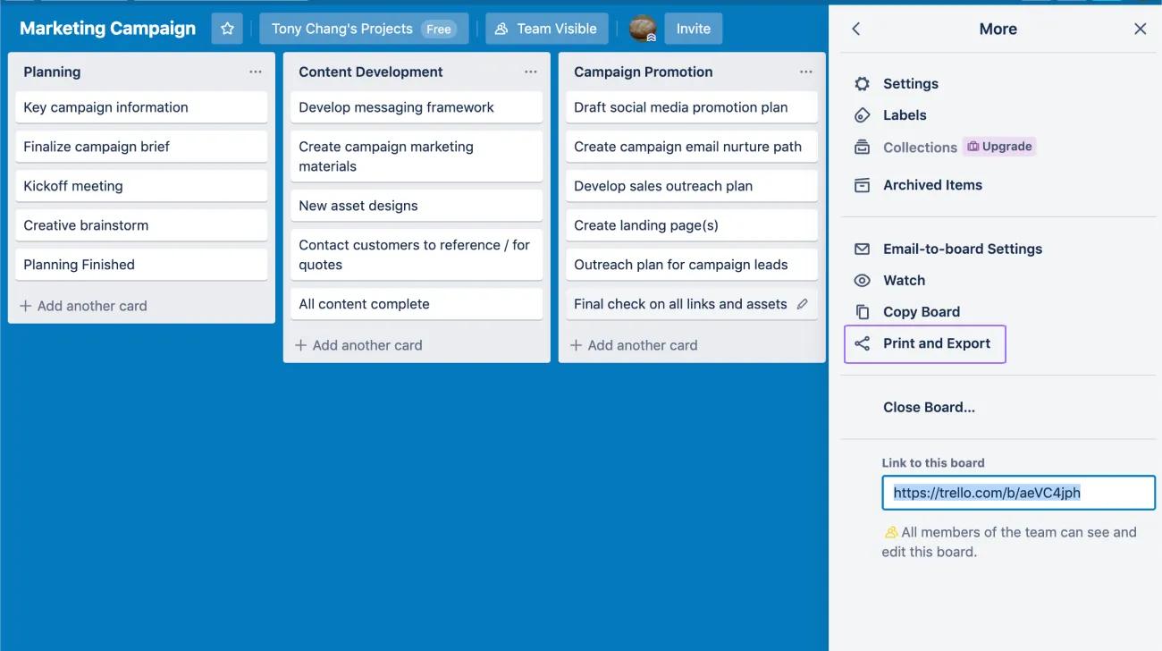 screen to export table from Trello
