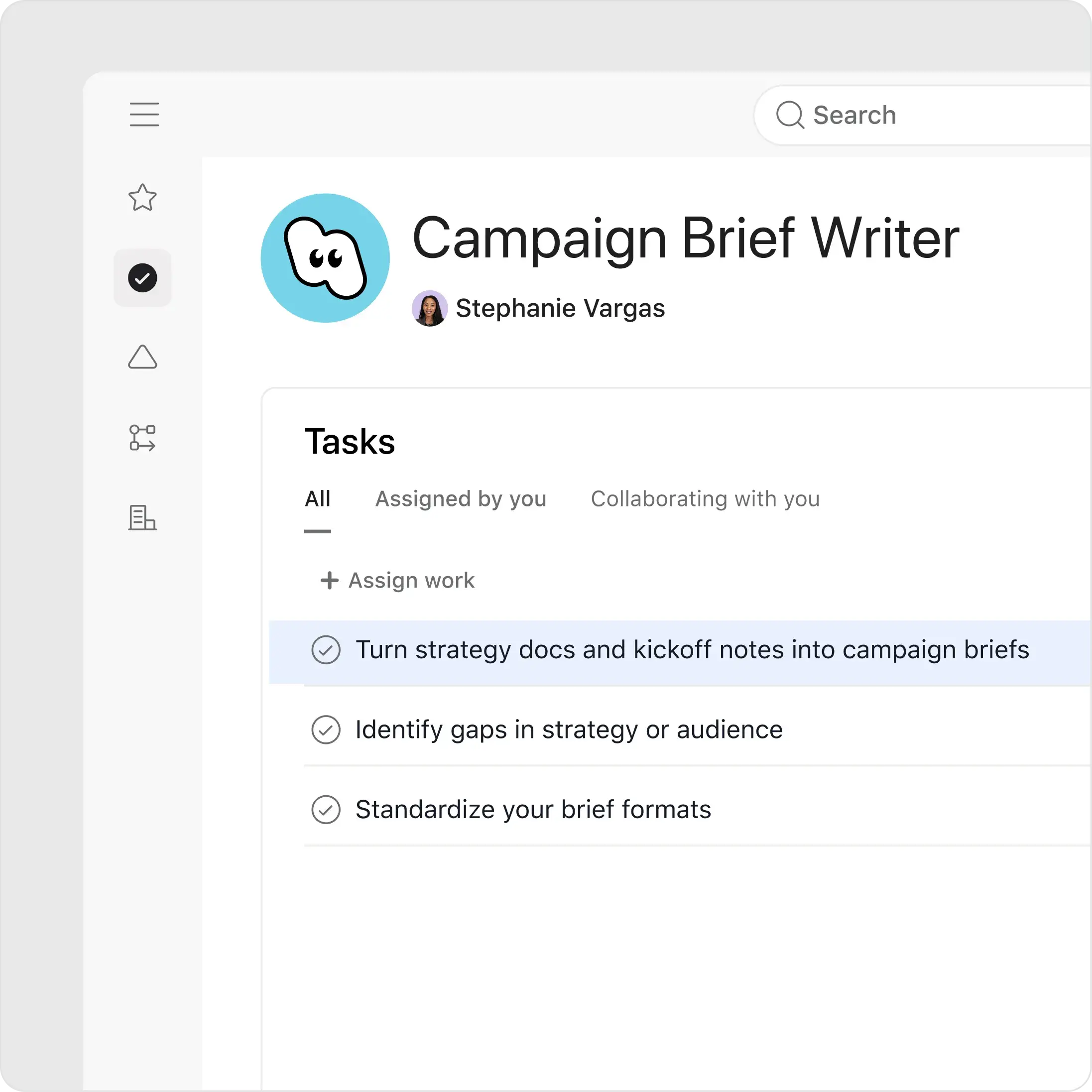 Asana interface showing the profile for AI teammate "Campaign Brief Writer" managed by Stephanie Vargas. The "Tasks" section lists work like "Turn strategy docs and kickoff notes into campaign briefs".