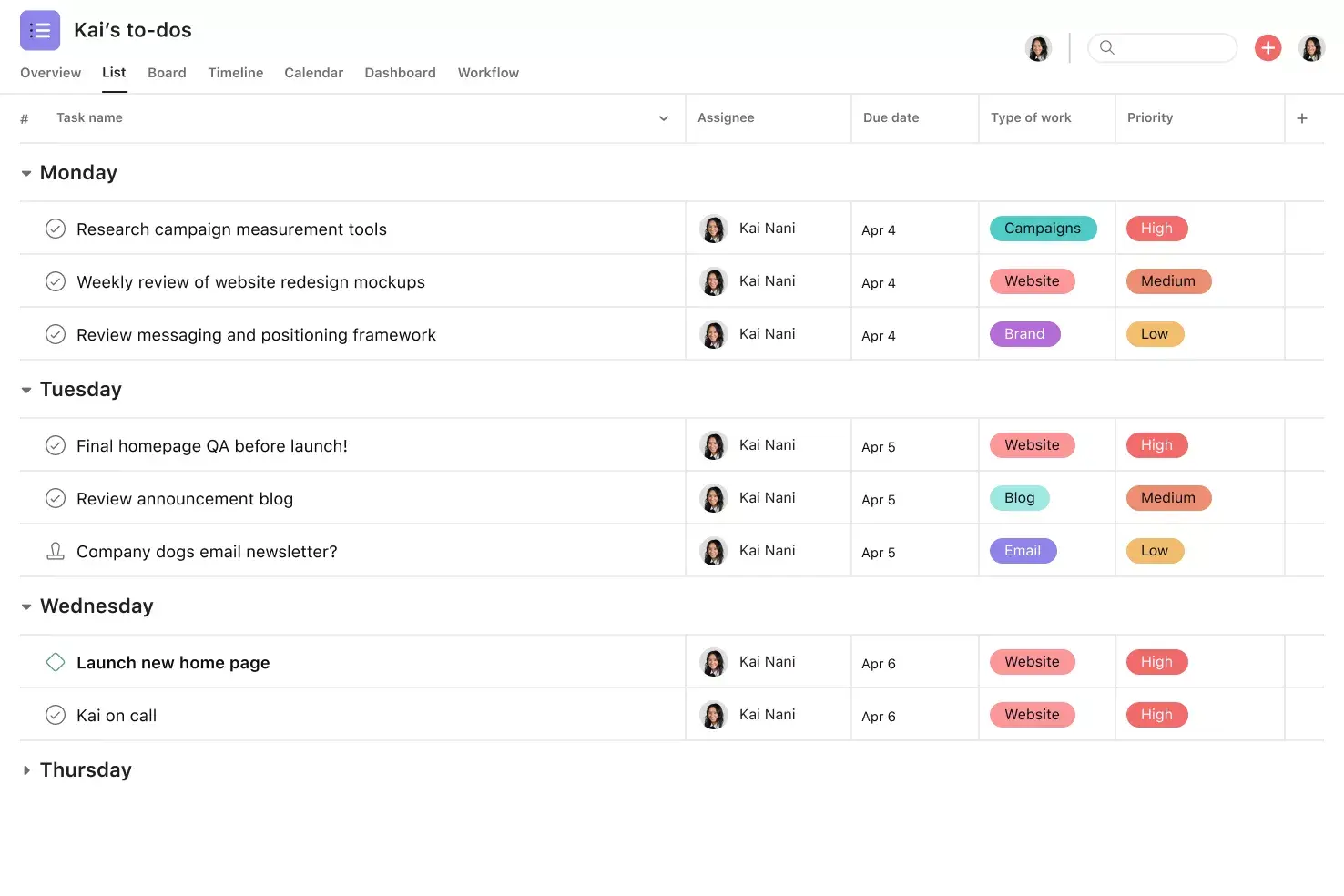 [Product ui] Weekly to-do list project in Asana, spreadsheet-style project view (List)