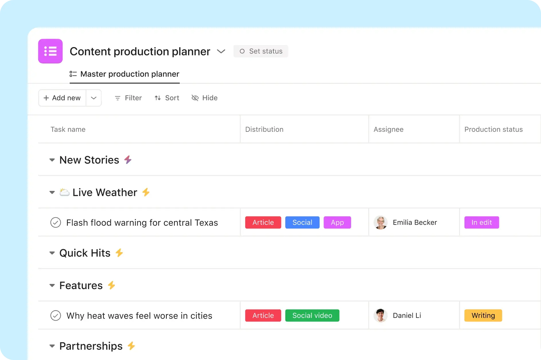 Asana product UI image showing a content production planner project powered by AI Studio