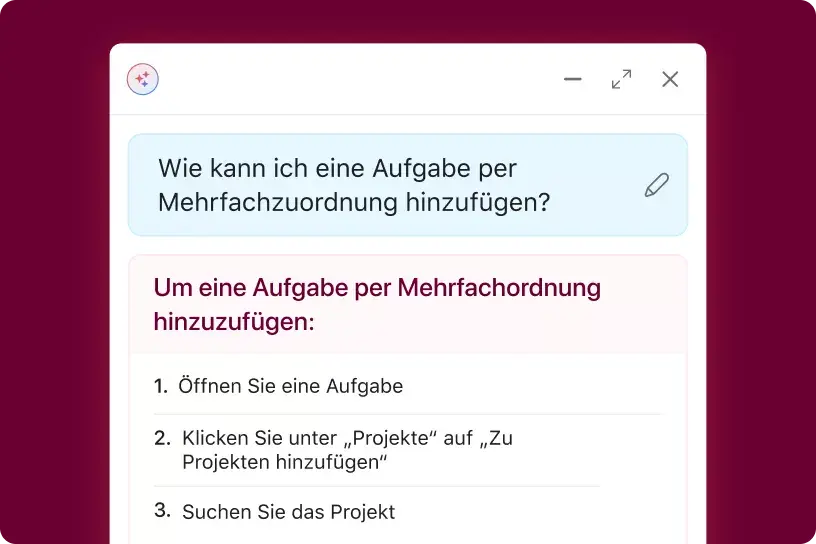 Produkt-UI mit der Asana-KI-Funktionalität für Teamkollegen, die auf die vom Benutzer eingegebene Frage „Wie kann ich eine Aufgabe mehrfach zuordnen?“ mit entsprechenden Hilfeartikeln antwortet