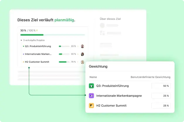 Product UI showing how a user can create and assign custom weights to goals for nuanced goal status reporting