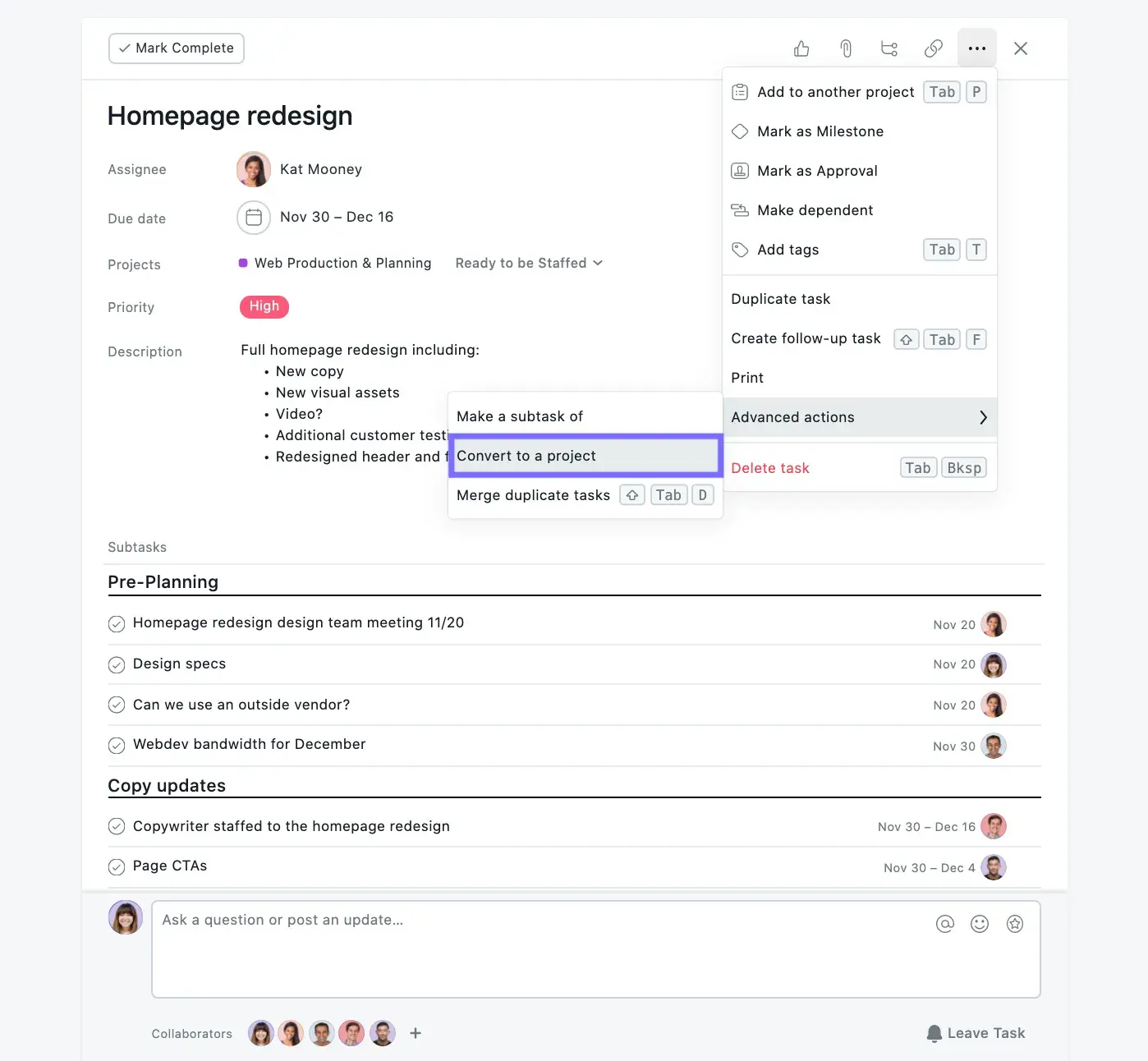 Product UI: Subtasks showing up on projects in Asana