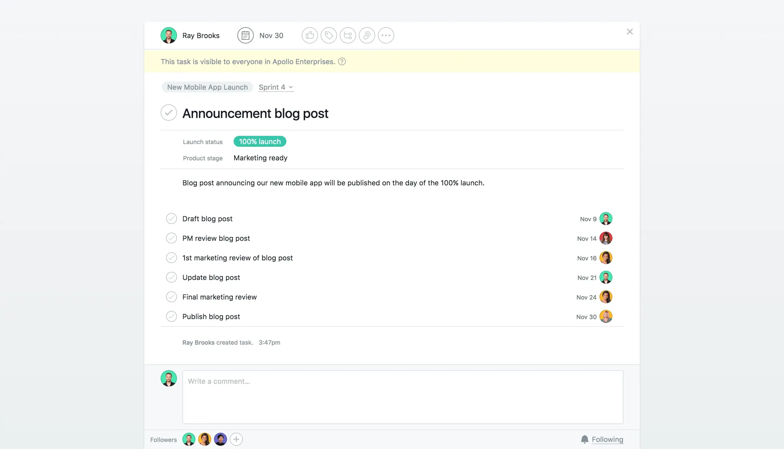 Product UI: Announcement blog post in Asana