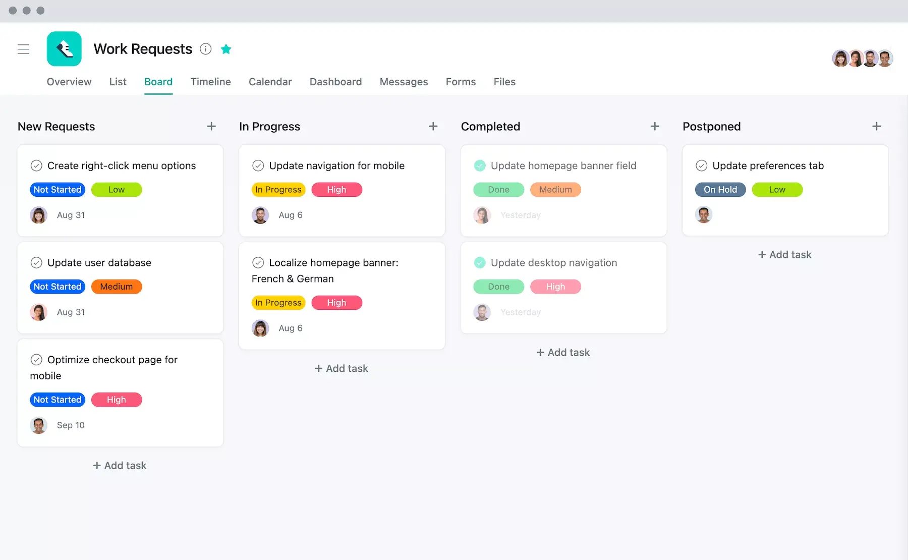 Interfaz de usuario de Asana de la vista de proyectos