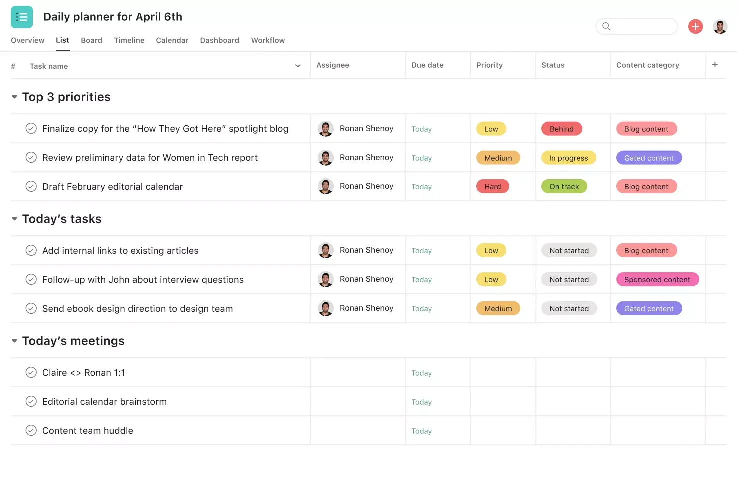 [Interface do produto] imagem do modelo de planejador diário na Asana (visualização de lista)