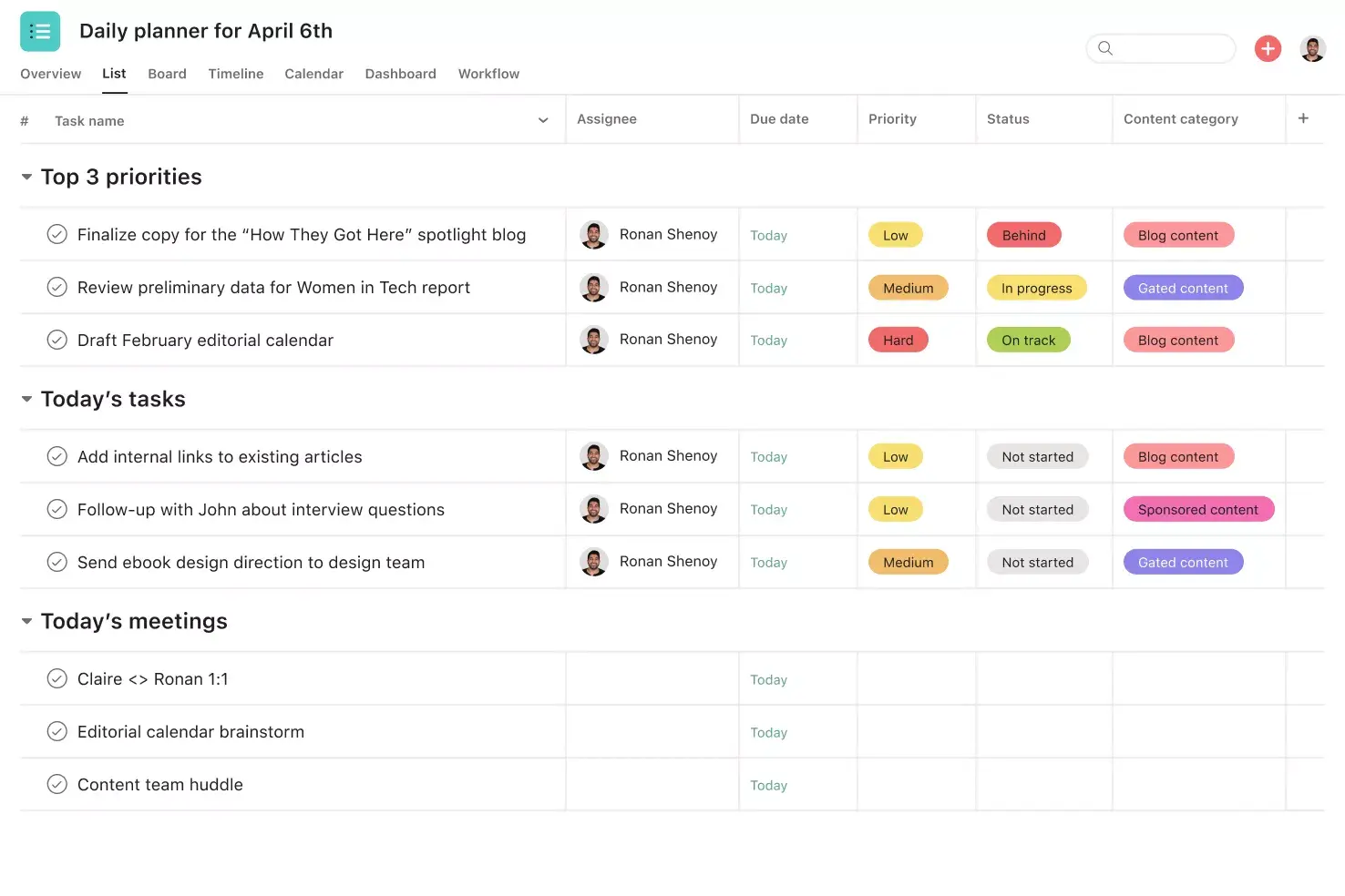 [Product ui] daily planner template image in Asana (list view)